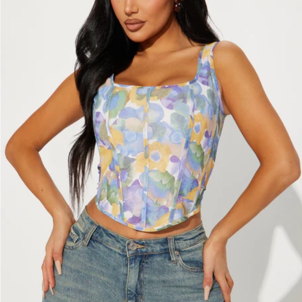 Fashion Nova Floral Tank Top - Blue and Yellow